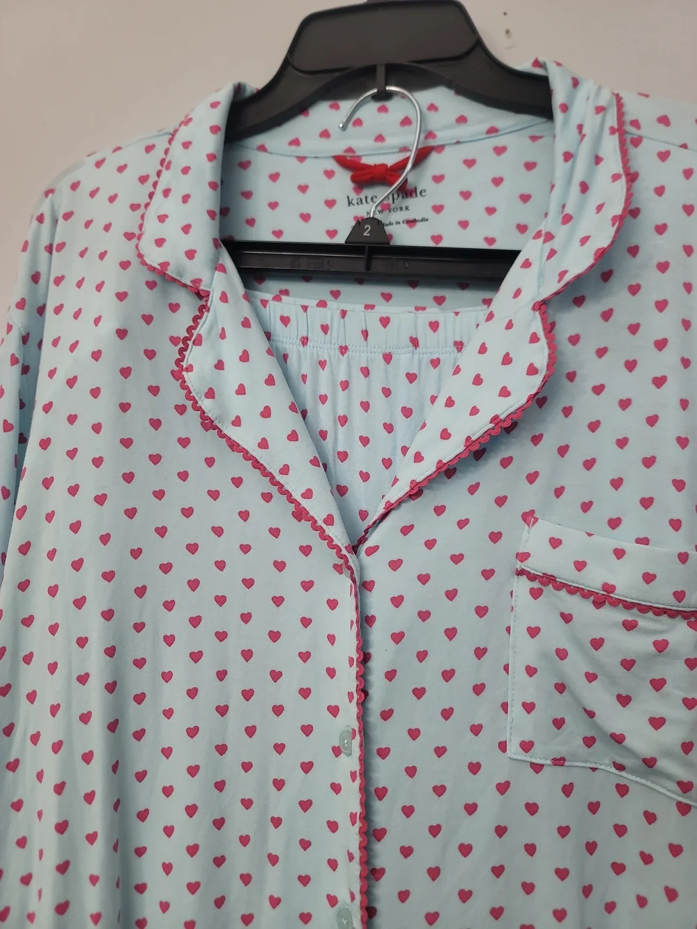 Kate Spade Classic Heart-Print Pajama Set  - Pink Hearts on Light Blue